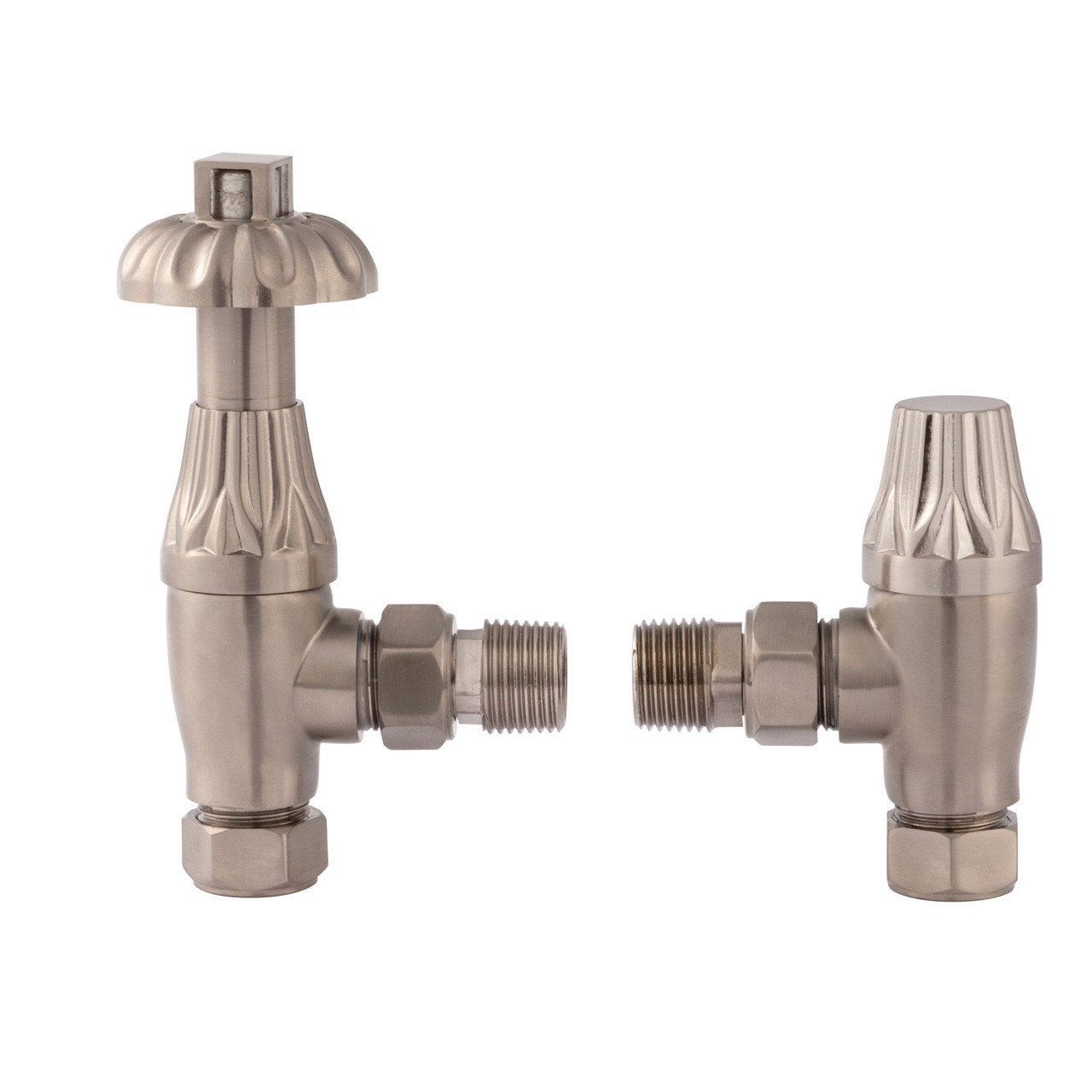 Old London Knightsbridge Satin Nickel Angled Thermostatic Radiator Valves - RV009 Front View