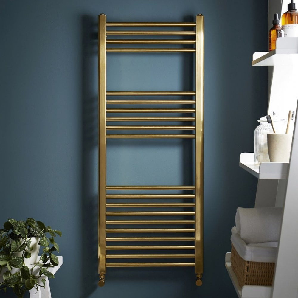 Kartell K-Rail Brushed Brass 22mm Round Bar Straight Heated Towel Rail Front View