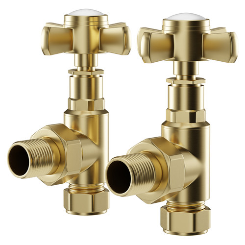 Alves Cross Head Brushed Brass Angled Traditional Radiator Valves Right Hand Side View