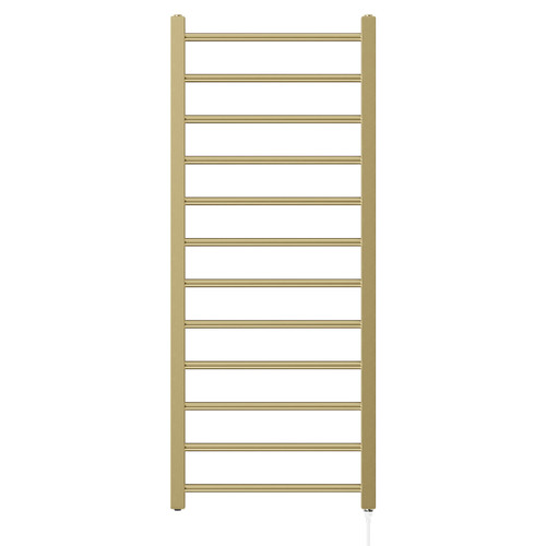 Cannes Brushed Brass Round Bar Electric Heated Ladder Rail Front View