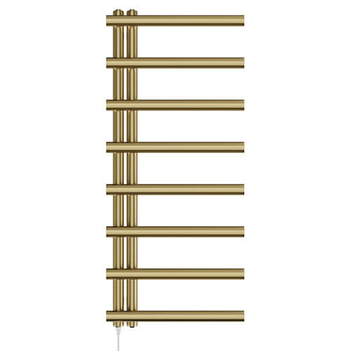Madrid Brushed Brass Round Bar Electric Heated Towel Rail Front View