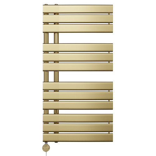 Basel Brushed Brass Flat Panel Digital Thermostatic Electric Heated Towel Rail Front View
