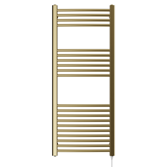 Malmo Brushed Brass Round Bar Electric Heated Towel Rail Front View