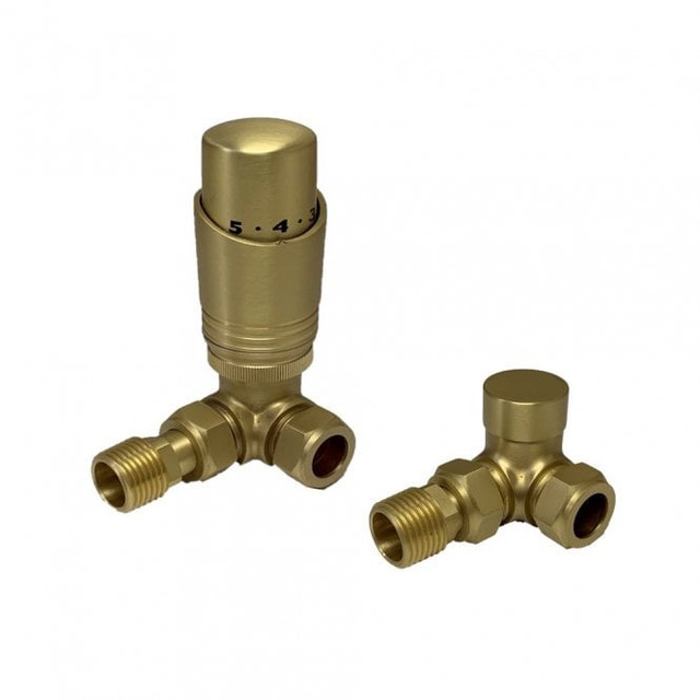 Kartell K-Design Brushed Brass Corner Thermostatic Radiator Valves - BR-TRV101C Front View