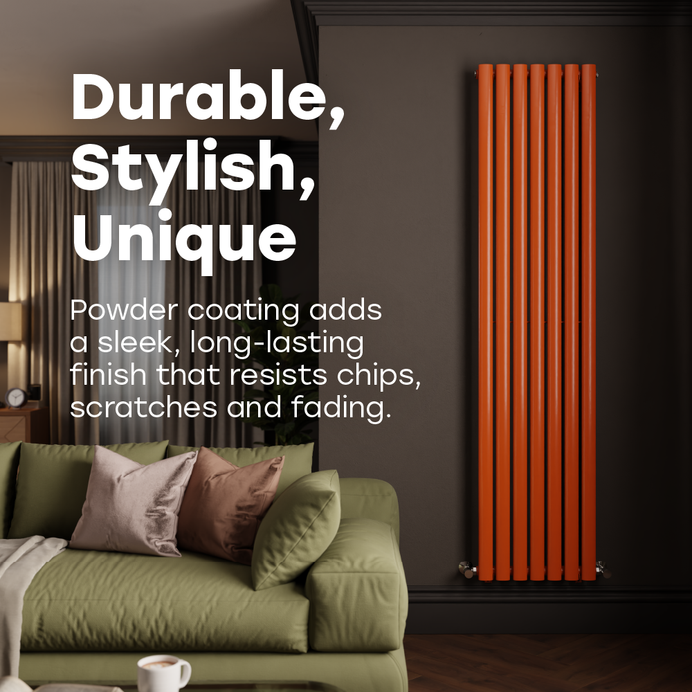 Orange vertical column radiator in a moody living room