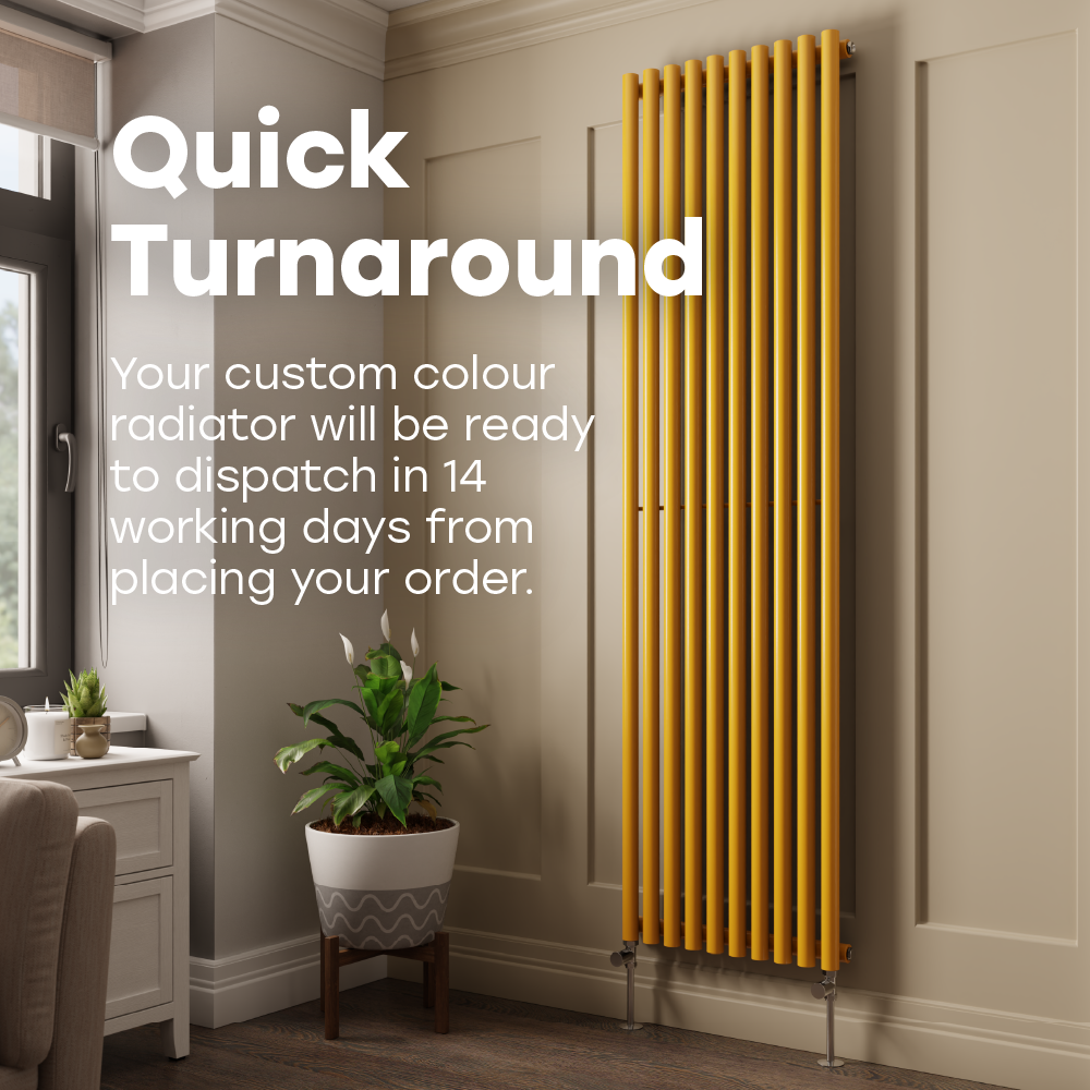 Ochre yellow vertical column radiator in a living room corner