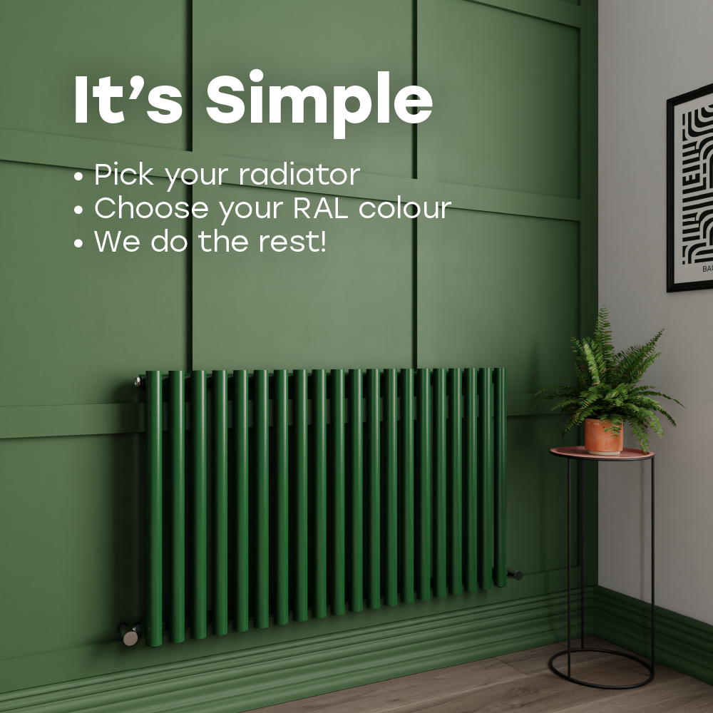 Meadow green horizontal radiator on a panelled green wall