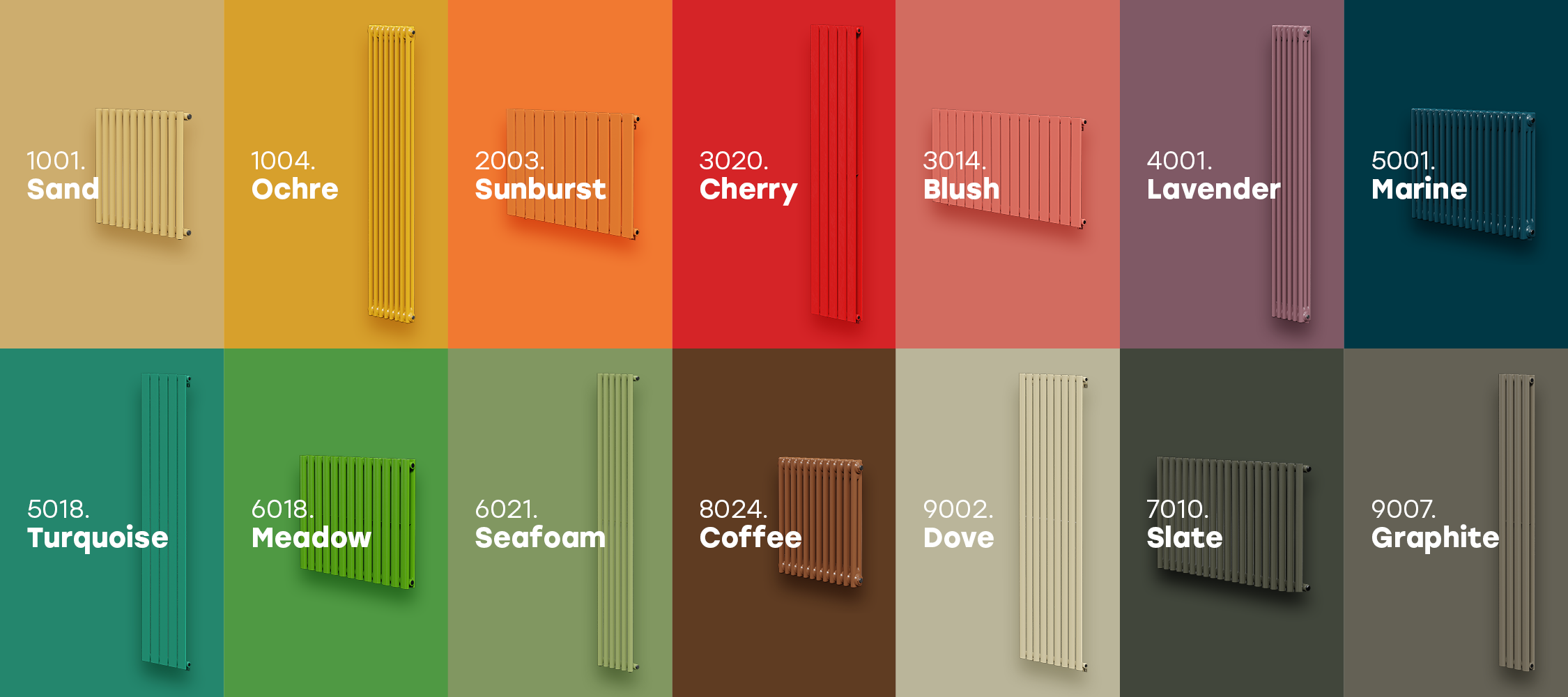 26 RAL colour swatches available for coloured radiators