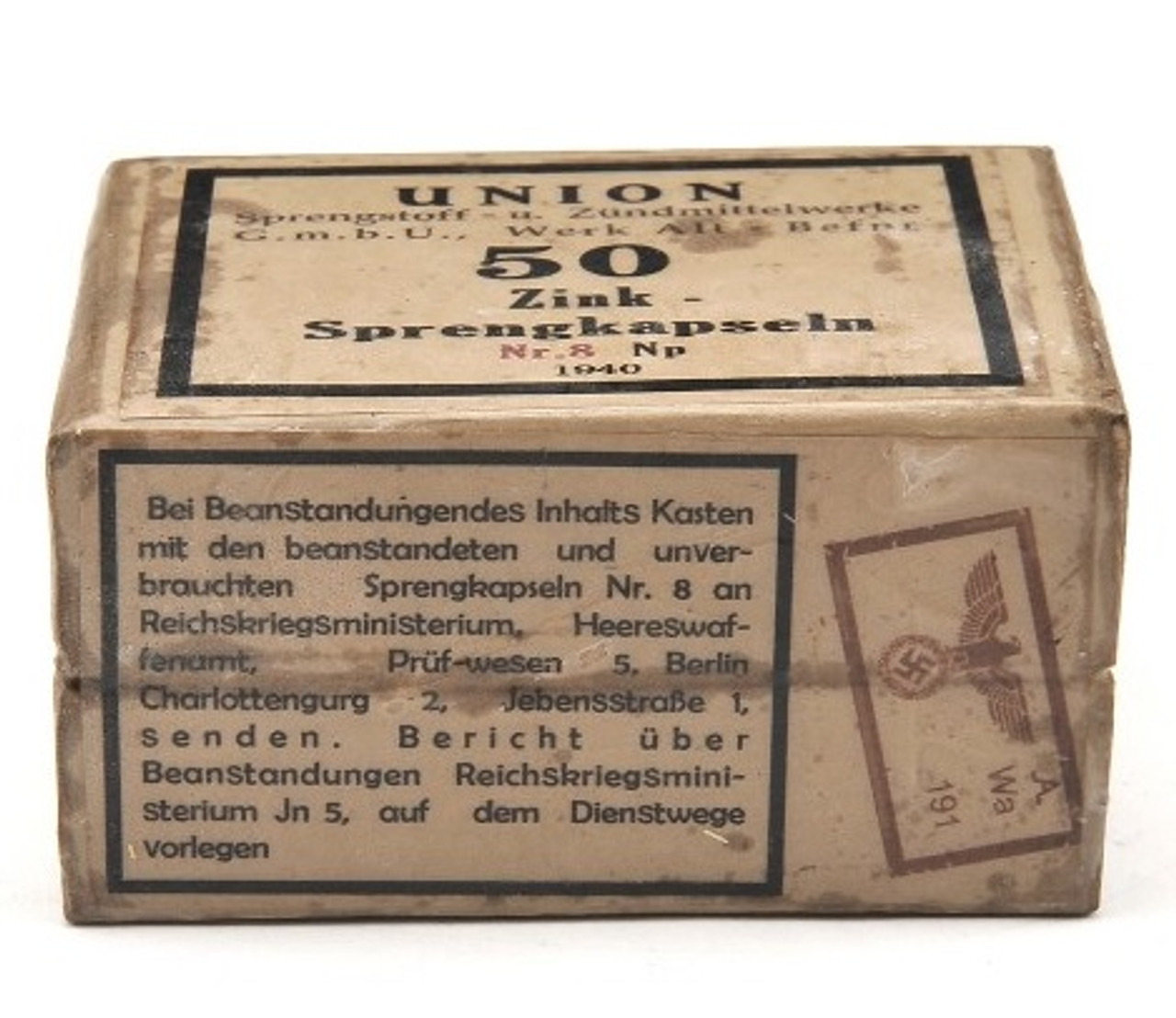 GERMAN WW2 DETONATORS - 50 Ct Sprengkapseln Nr.8 SIMULATED BOX