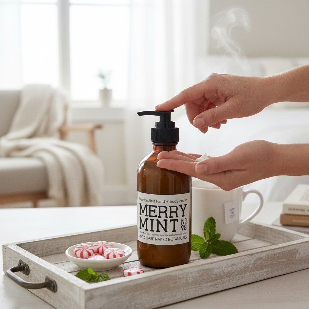 A refreshing twist on a sweet classic. Merry Mint is a limited-edition hand and body cream that blends crisp organic peppermint and spearmint with rich cocoa absolute and warm vanilla absolute for a softly sweet, minty treat.