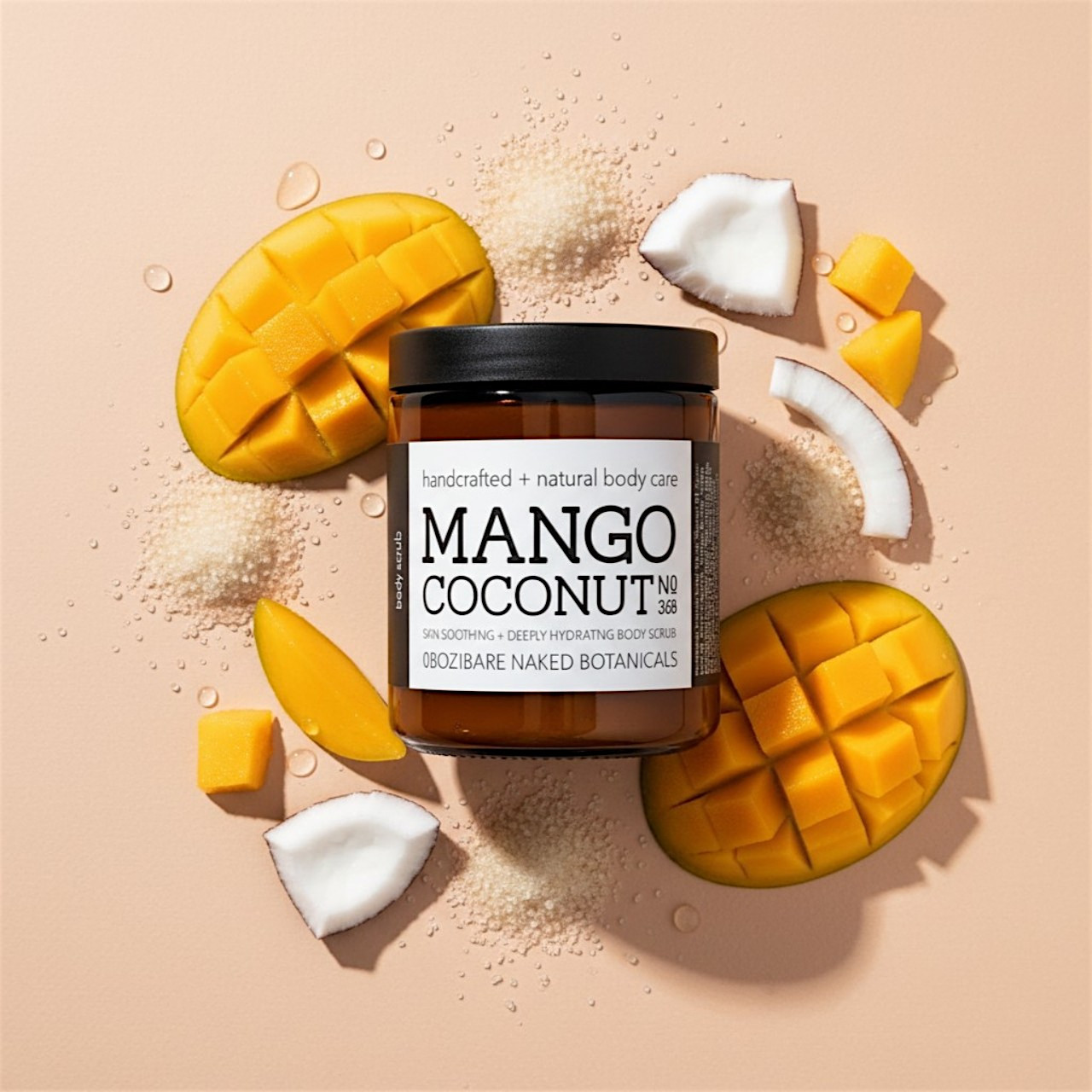 Mango Coconut Sugar Scrub, tropical exfoliating body polish by Bare Naked Botanicals
Close-up texture of mango coconut sugar scrub with natural sugar crystals
Woman exfoliating skin with mango coconut body scrub for smooth, glowing skin