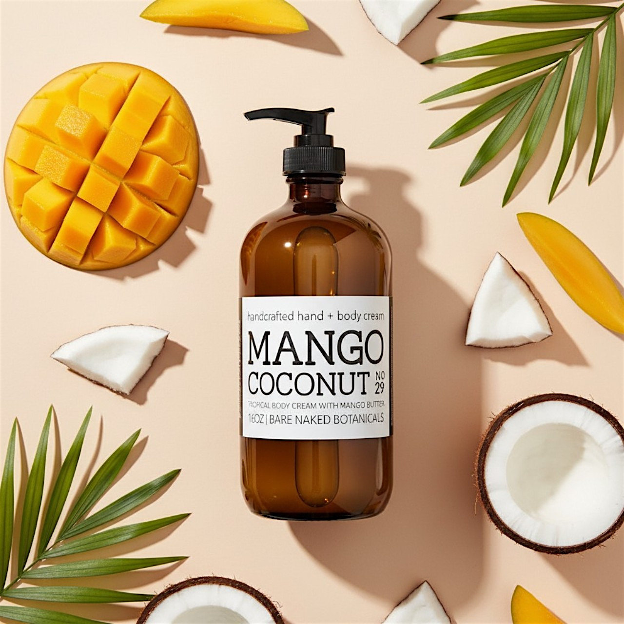 Bare Naked Botanicals Mango Coconut Hand and Body Cream in amber glass bottle tropical plant based moisturizer
