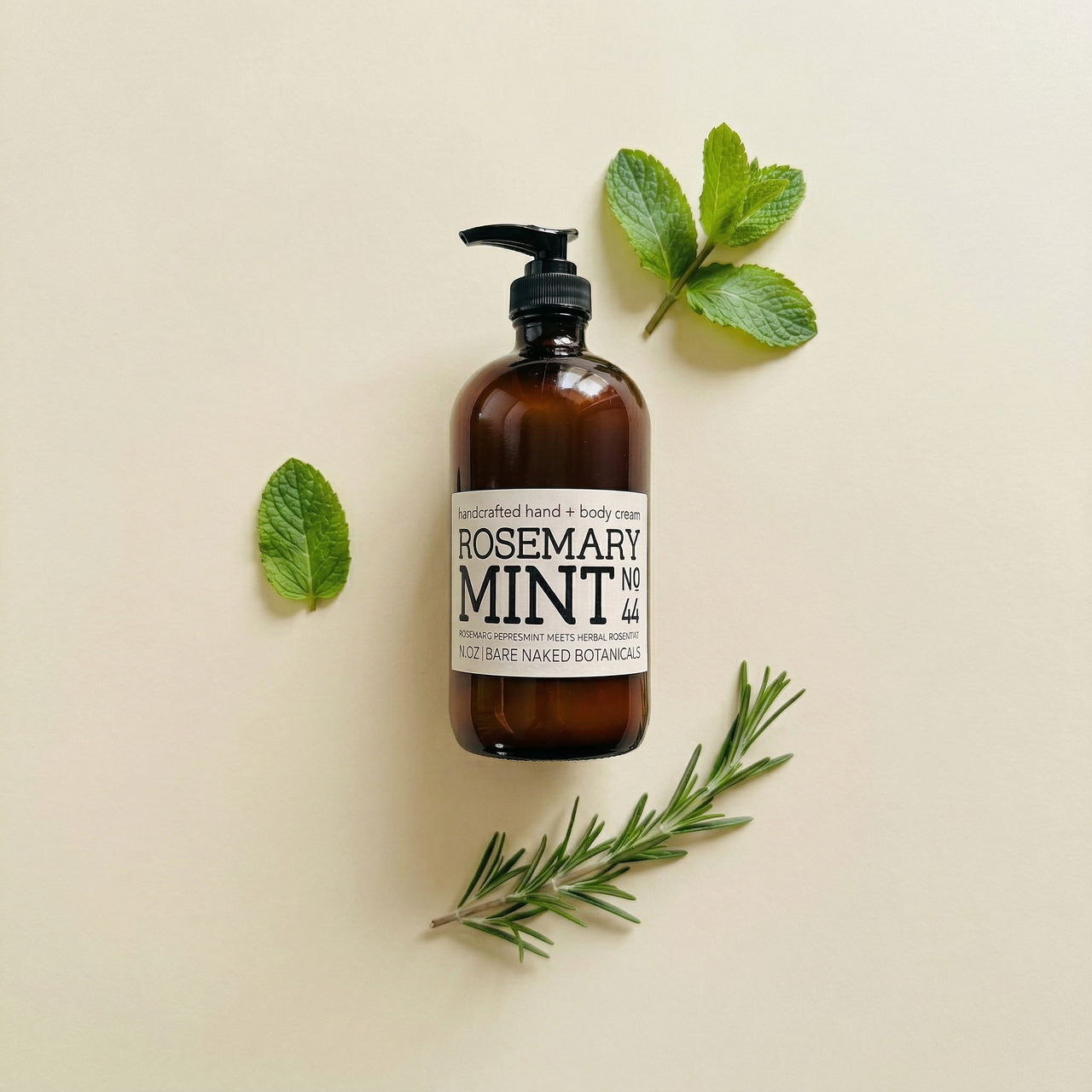 Rosemary mint hand and body cream in amber glass bottle with fresh herbal moisturizing lotion