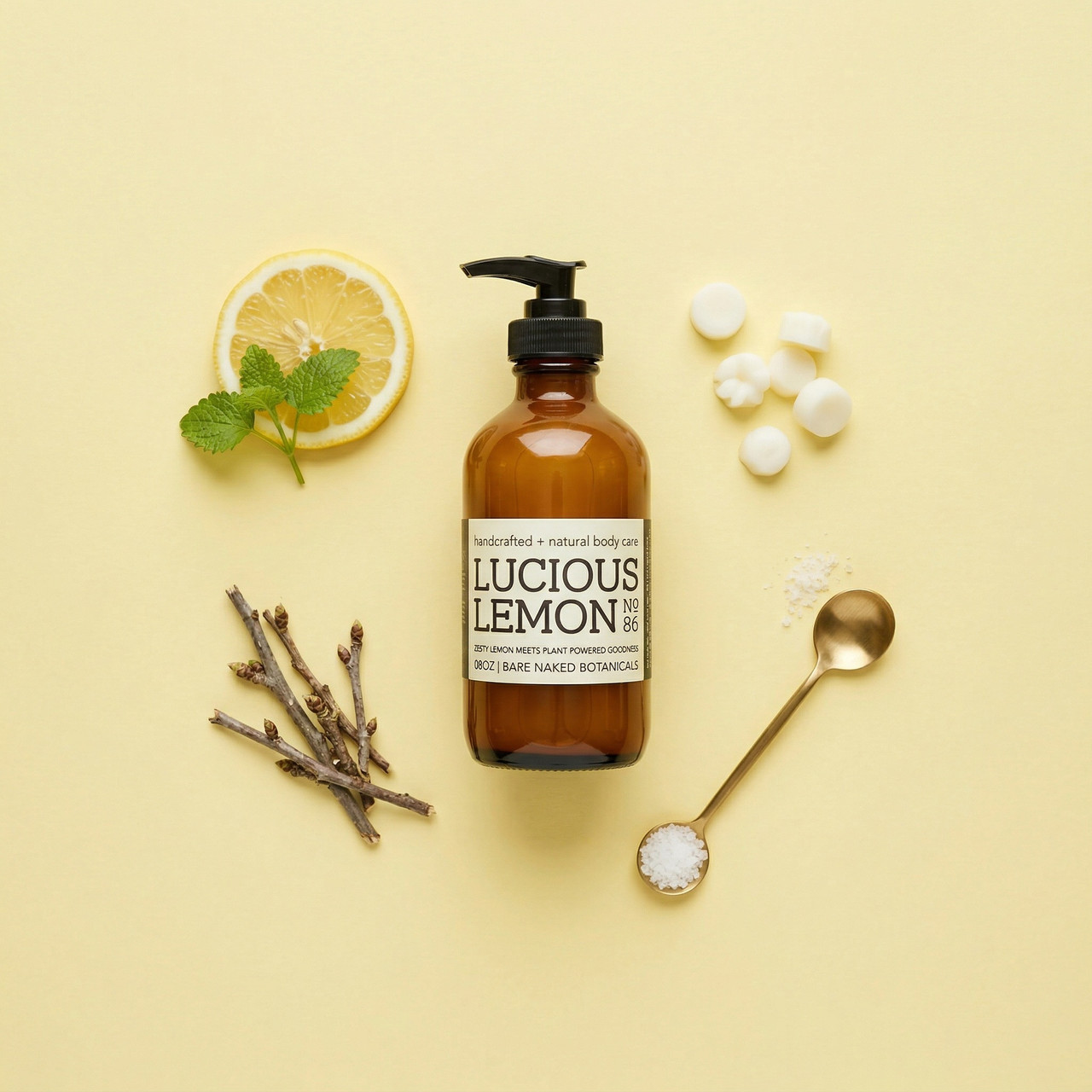 Shop Lucious Lemon Hand Cream by Bare Naked Botanicals — plant-based, toxin-free citrus hand & body cream with lemon essential oil for deep hydration & smooth skin.