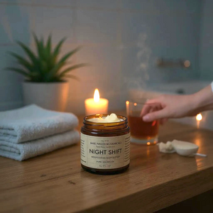 Melt into deep relaxation with Night Shift, our organic, cold-processed body balm crafted to calm the body and comfort the skin. Infused with bioavailable magnesium, this rich, plant-based formula supports restful sleep, eases restless legs, and offers soothing relief for neuropathy and general discomfort in the feet and legs. Melt into deep relaxation with Night Shift, our organic, cold-processed body balm crafted to calm the body and comfort the skin. Infused with bioavailable magnesium, this rich, plant-based formula supports restful sleep, eases restless legs, and offers soothing relief for neuropathy and general discomfort in the feet and legs.