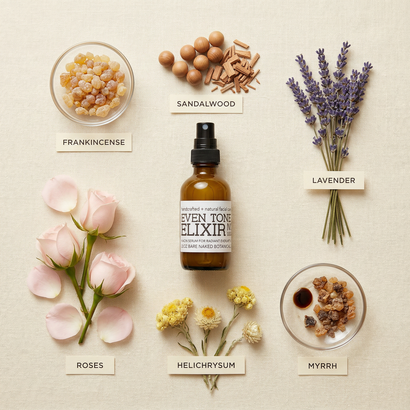 A 2 oz amber glass bottle of Even Tone Elixir Facial Treatment with a treatment pump, displayed on a clean, softly lit surface. The serum is highlighted as a luxurious, plant-based facial treatment designed to support a more even-looking, radiant complexion.