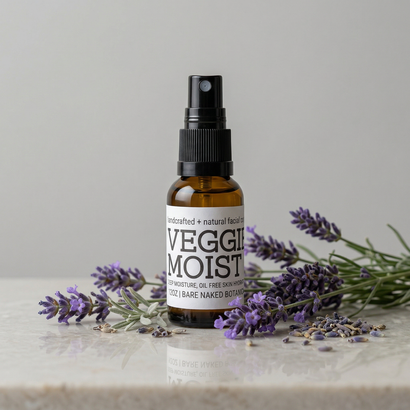 Veggie Moist deeply hydrating facial serum in amber glass bottle for dry and dehydrated skin by Bare Naked Botanicals