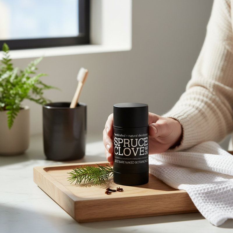 Spruce Clove is a fresh, clean blend of blue spruce and clove essential oils. This gentle, baking-soda-free deodorant naturally helps control odor and excess moisture while caring for sensitive underarm skin. Powdered magnesium and organic potato starch work together to keep you feeling dry and fresh, while lightweight, plant-based ingredients support and soothe the skin—effective protection with zero irritation.