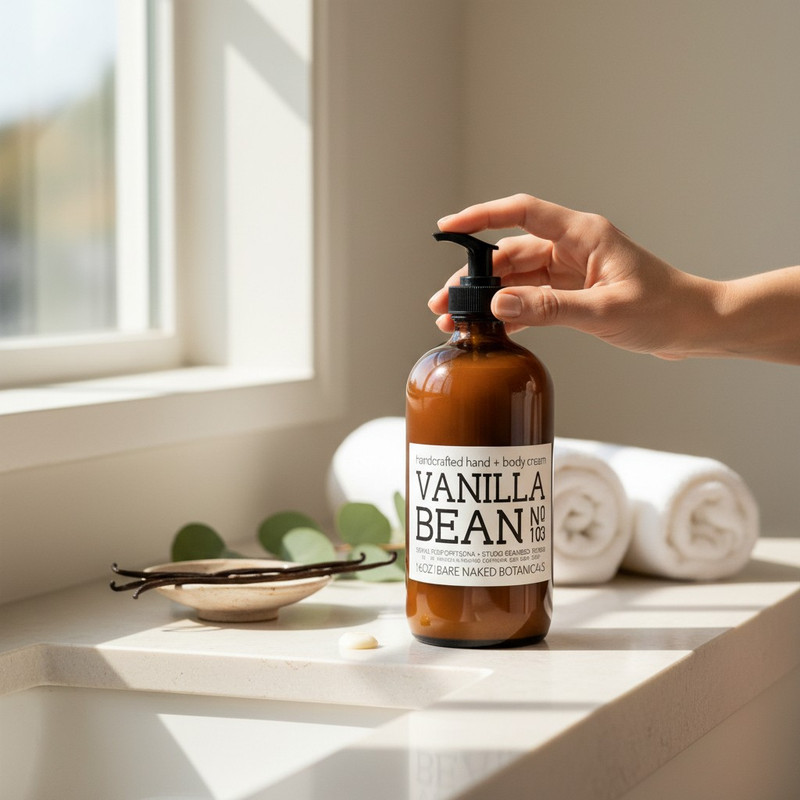 Bare Naked Botanicals Vanilla & Cocoa Absolute Botanical Body Cream in a signature amber glass jar, highlighting the indulgent, gourmet blend of cocoa and tonka bean butter.