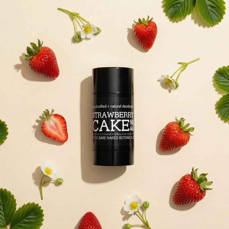 Strawberry Cake Natural Deodorant by Bare Naked Botanicals – plant-based, aluminum-free deodorant with fruity, strawberry aroma.