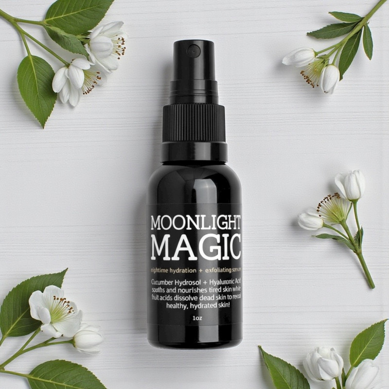 Illuminate your nighttime routine with Moonlight Magic, a super-lightweight, deeply hydrating serum designed to gently exfoliate and rejuvenate your skin while you rest. Formulated with natural fruit acids, plant-based hyaluronic acid, and botanical extracts, this serum helps even the look of skin tone, refine texture, and reveal a smoother, more radiant complexion. Get your glow on—naturally.