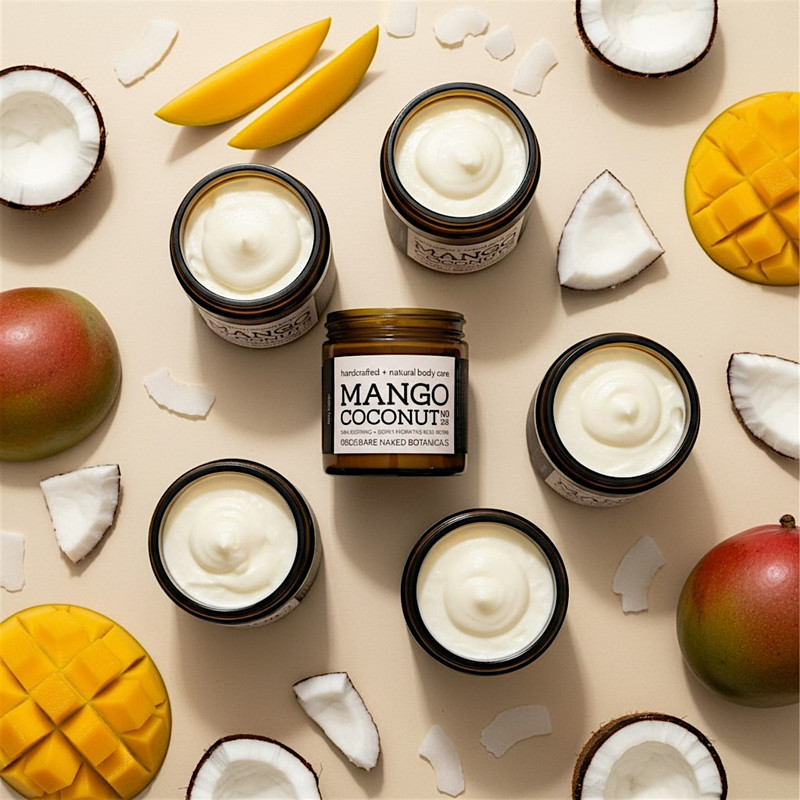 Bare Naked Botanicals Mango Coconut Body Butter in an amber glass jar, tropical plant-based moisturizer