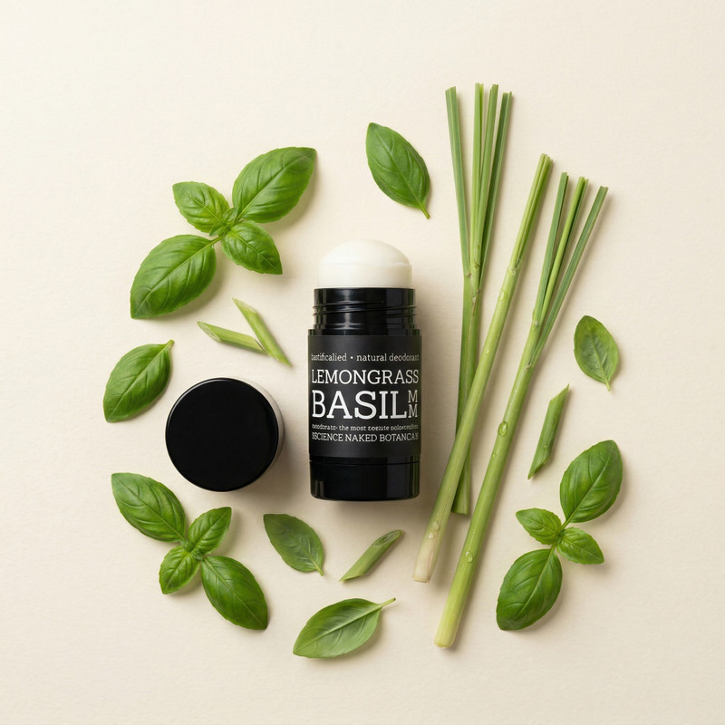 Lemongrass basil magnesium natural deodorant in eco-friendly container with fresh citrus herbal scent