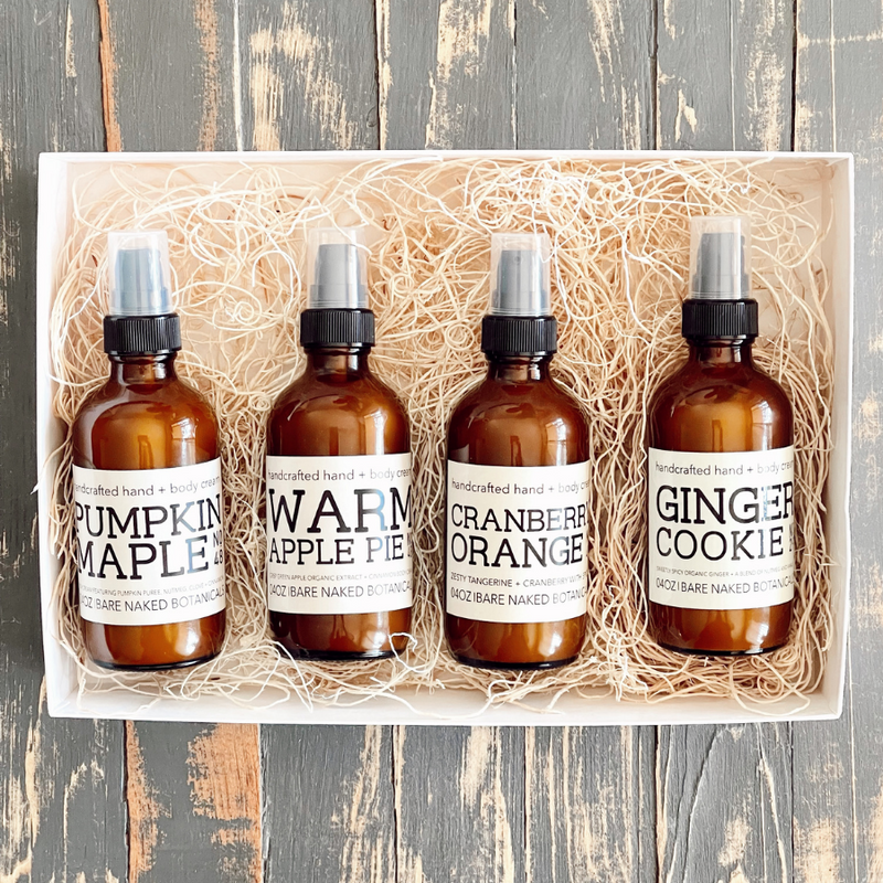 NEW Fabulous Foursome is here! You asked for smaller sizes in our best selling body cream flavors and we've delivered! The Fabulous Foursome is a limited edition set that includes Pumpkin Maple, Warm Apple Pie, Ginger Cookie and Crangerry Orange. Each 4 oz glass bottle is recyclable or may be refilled multiple times with your favorite cream.