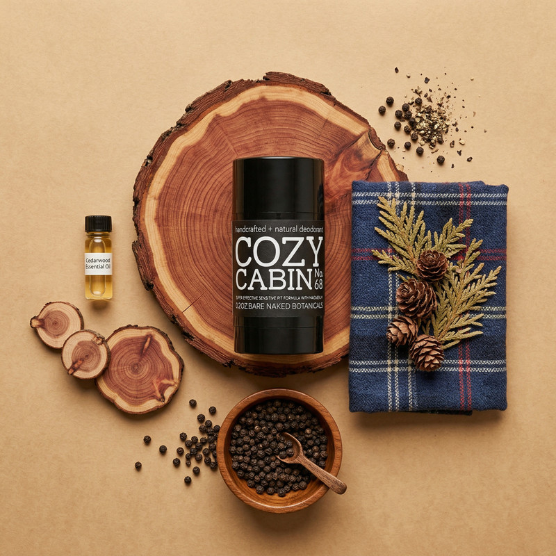 Cozy Cabin magnesium natural deodorant with cedarwood, tobacco, and patchouli botanical scent by Bare Naked Botanicals