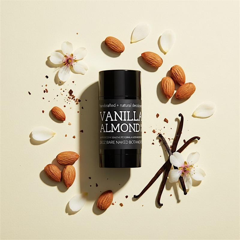 Vanilla Almond magnesium deodorant in a recyclable black plastic container, natural plant-based skincare, baking soda-free with organic ingredients.