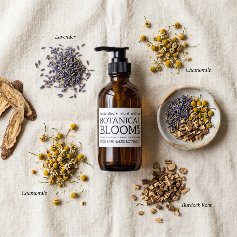 Botanical Bloom Calming Facial Cleanser by Bare Naked Botanicals – gentle botanical face wash with aloe, green tea, lavender, frankincense, chamomile, and copaiba.