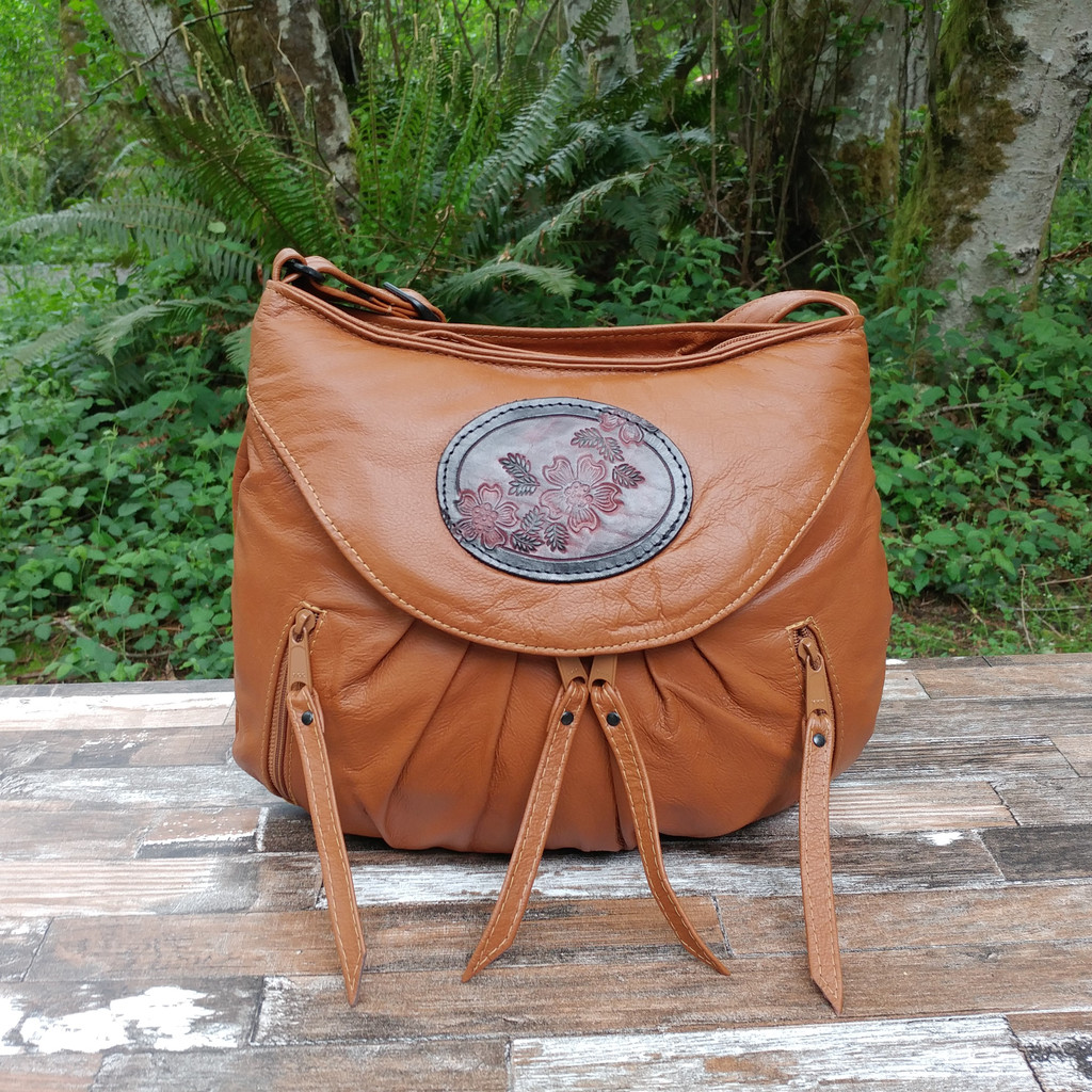Cognac Small Route #66 Hobo with Tooled Dogwood Medallion.  