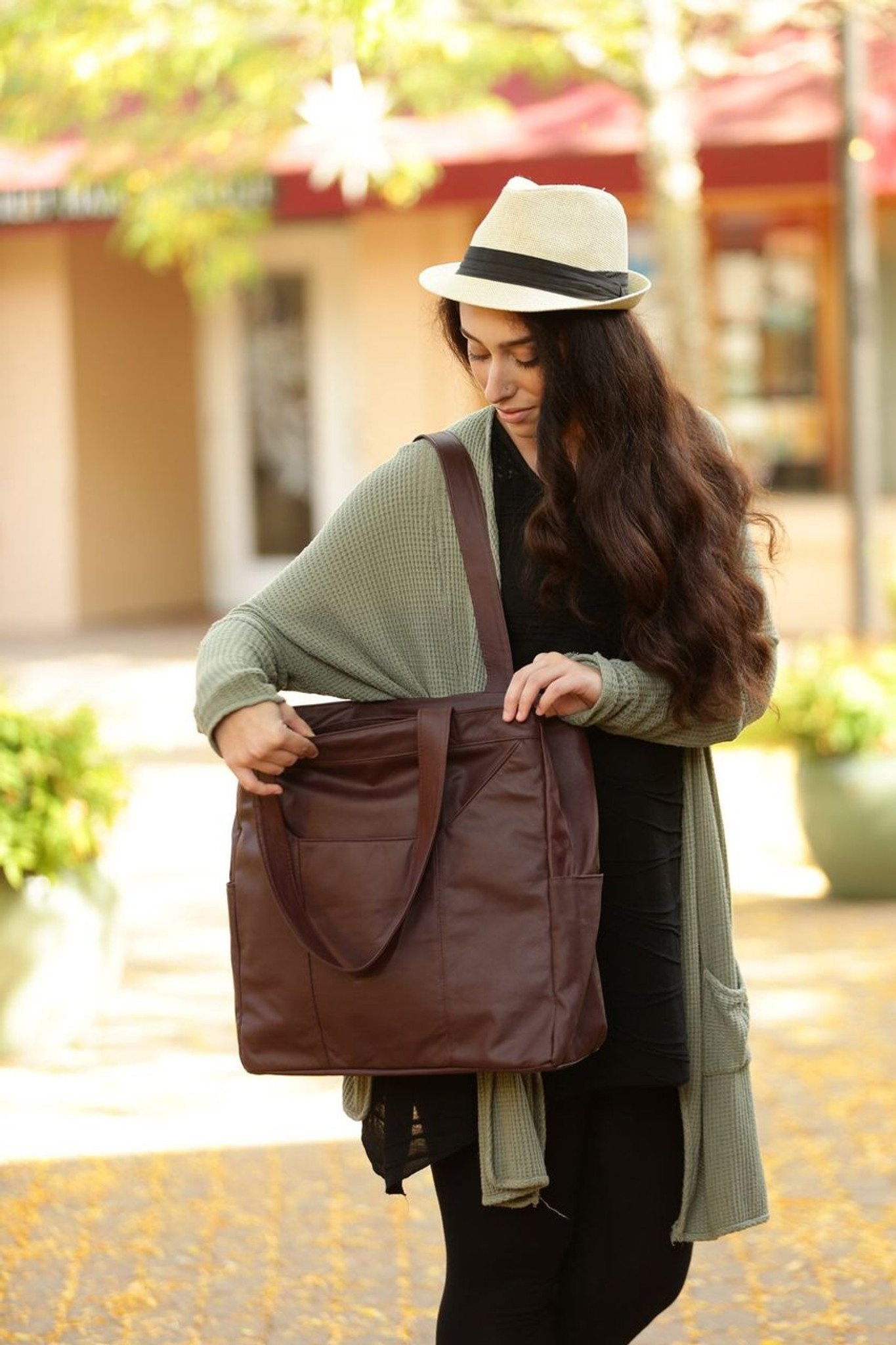 Distressed Brown Double-Zip Super Tote