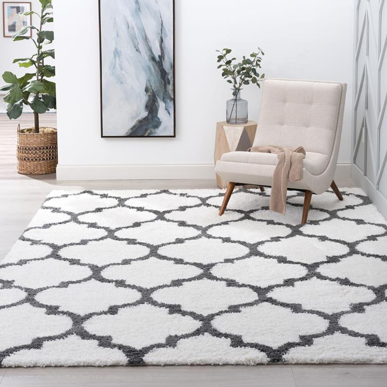 Tayse Jersey Shag Jeni JRS1300 White Area Rug Room Scene