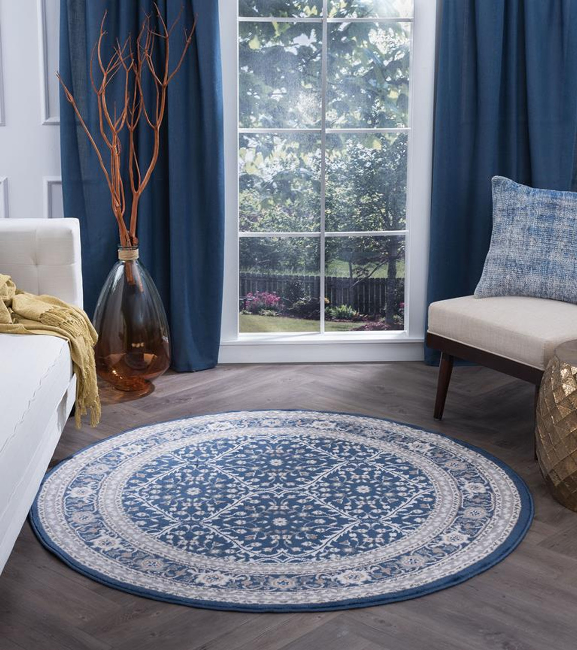 Tayse Madison Beauregard MDN3707 Navy Round Area Rug Room Scene