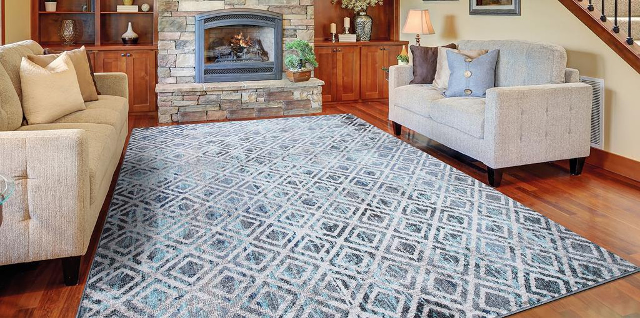 Concord Global Trading Vintage 7244 Diamonds Blue Area Rug Room Scene