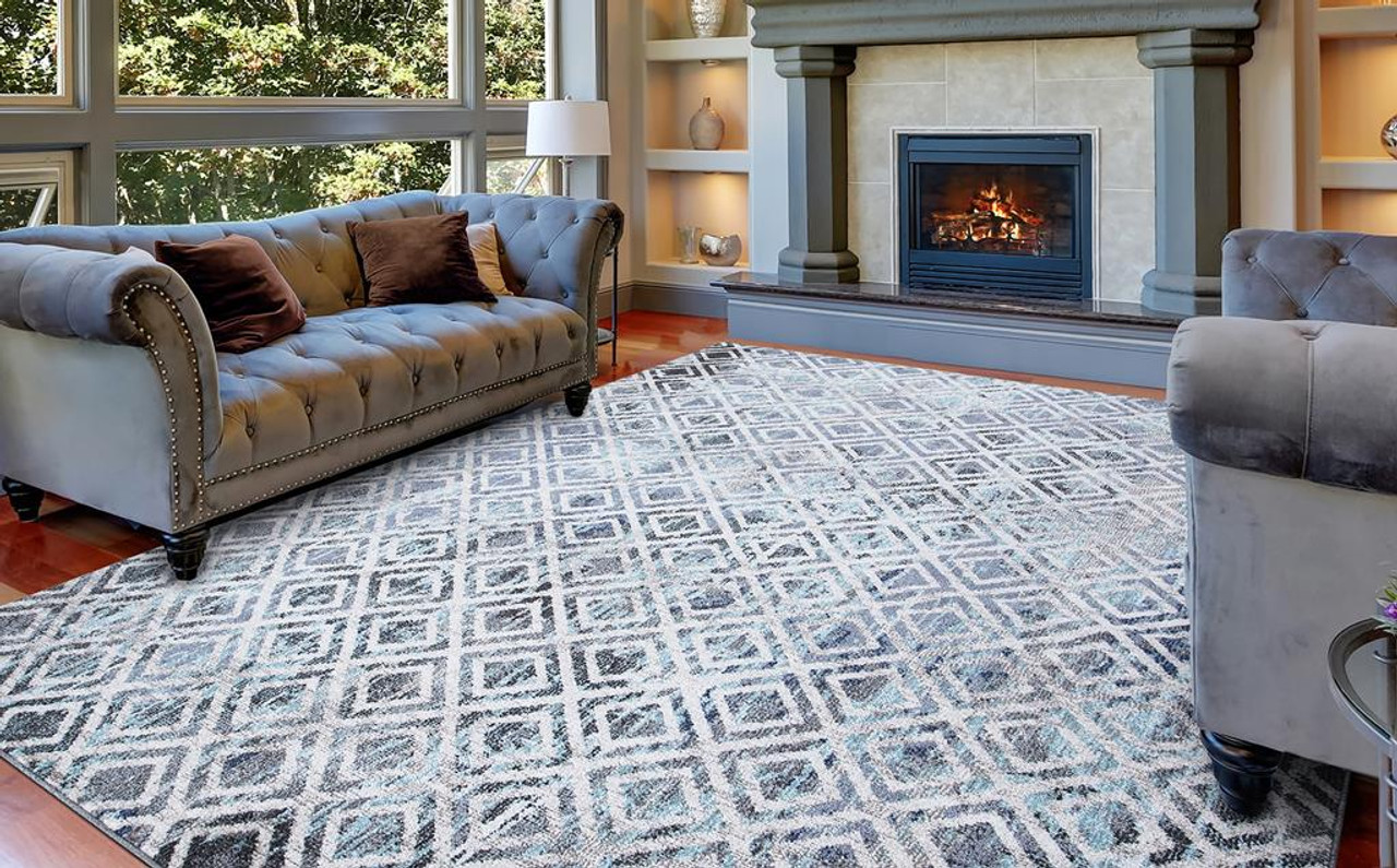 Concord Global Trading Vintage 7244 Diamonds Blue Area Rug Room Scene 3