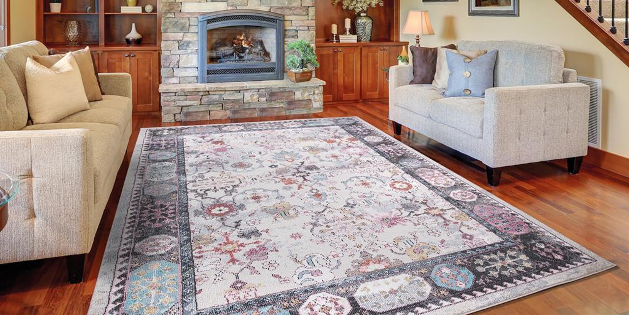 Concord Global Trading Vintage 7336 Angora Gray Area Rug Room Scene