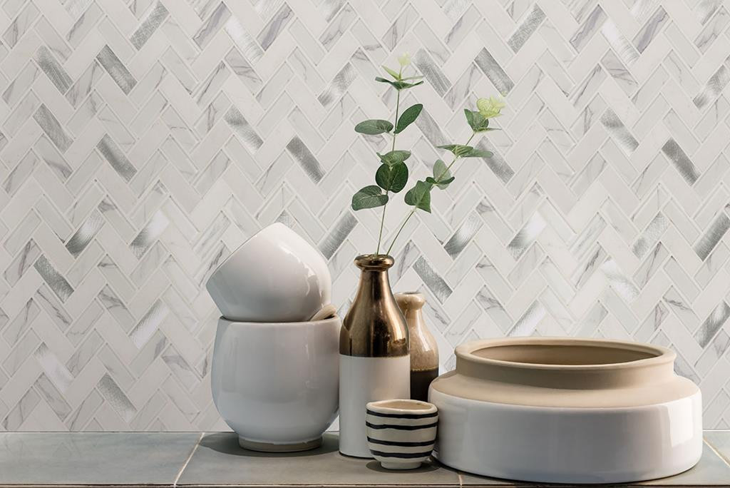 窓辺のバンボラ Stone Glass Metal Blend Bytle Bianco 6MM Herringbone Mosaic