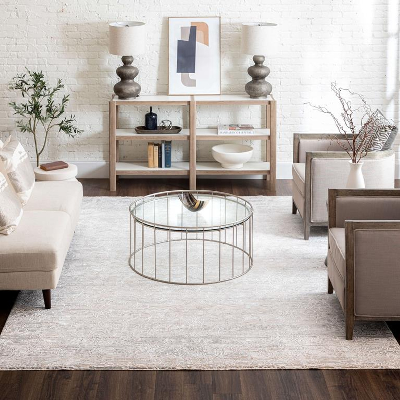 Karastan Solitude R1039-9943 Mandawa Cream Dark Grey Area Rug Room Scene