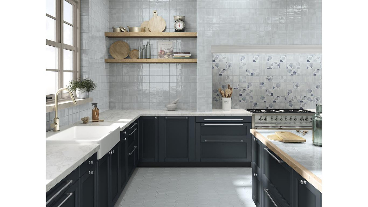 Manacor Blue 5" X 6" Ceramic Hexagon Tile Room Scene