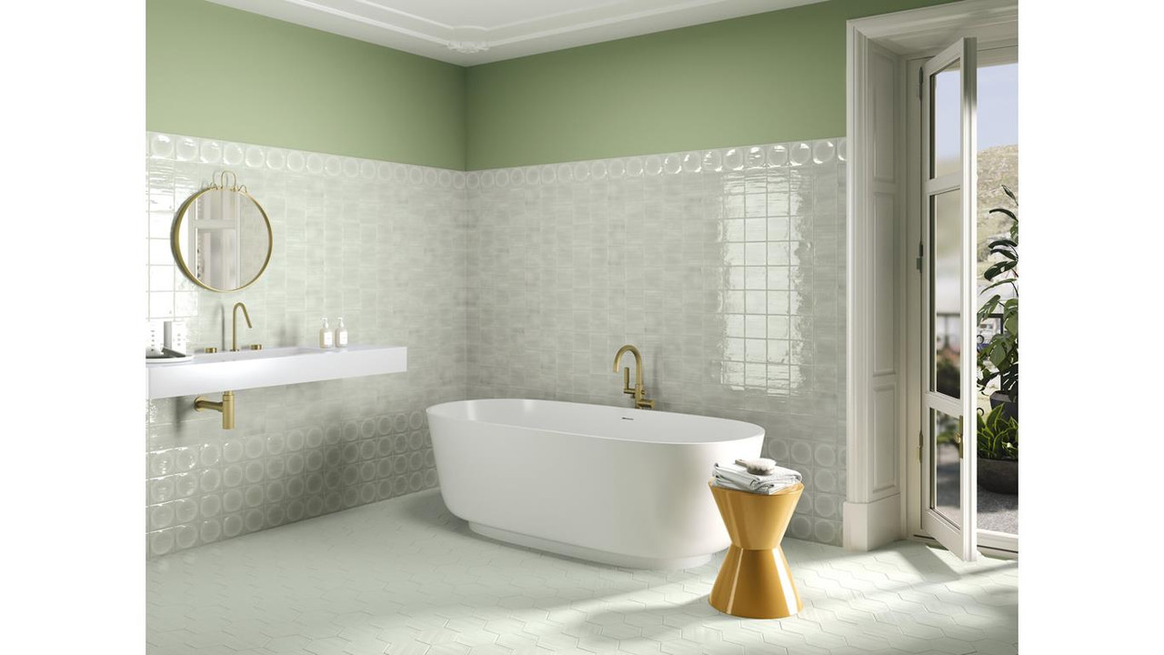 Manacor Acqua 5" X 6" Ceramic Hexagon Tile Room Scene