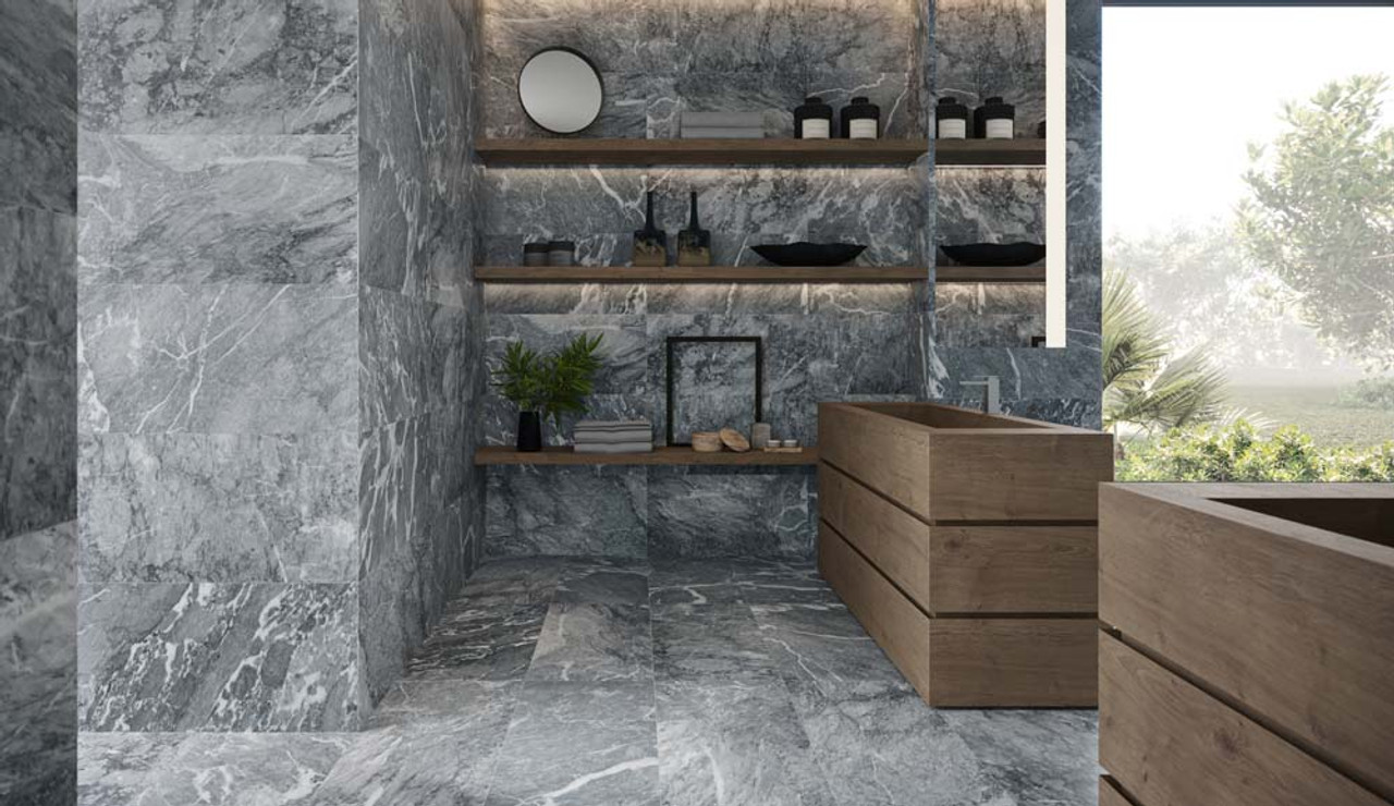 Marble 12X24 Brushed 5000-0568-0 Aqua Intenso Tile room Scene