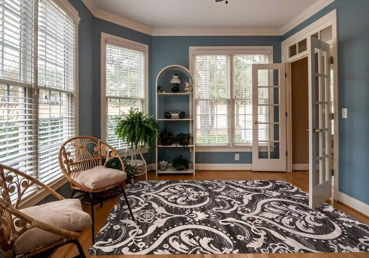 Lara 4573 Large Damask Anthracite Area Rug Room Scene