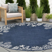 Tayse Eco Biscayne ECO1505 Navy Round Area Rug Patio Scene Tayse Eco Biscayne ECO1505 Navy Round Area Rug Patio Scene