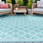 Tayse Eco Shaila ECO1306 Aqua Area Rug Patio Scene Tayse Eco Shaila ECO1306 Aqua Area Rug Patio Scene