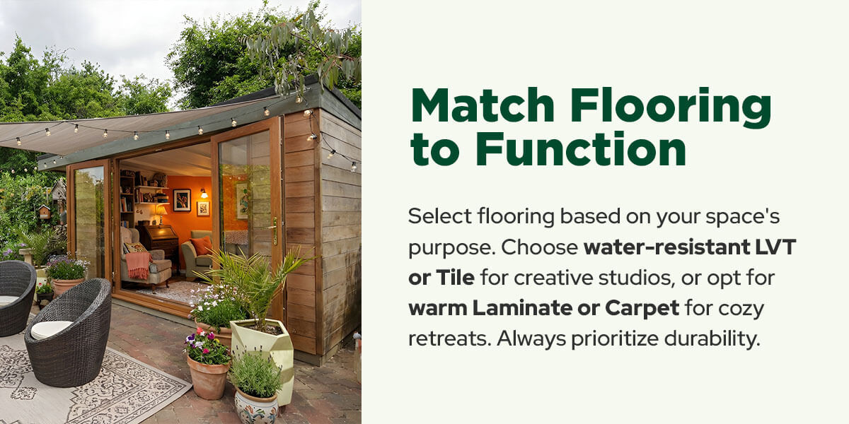 match flooring to function in your she shed