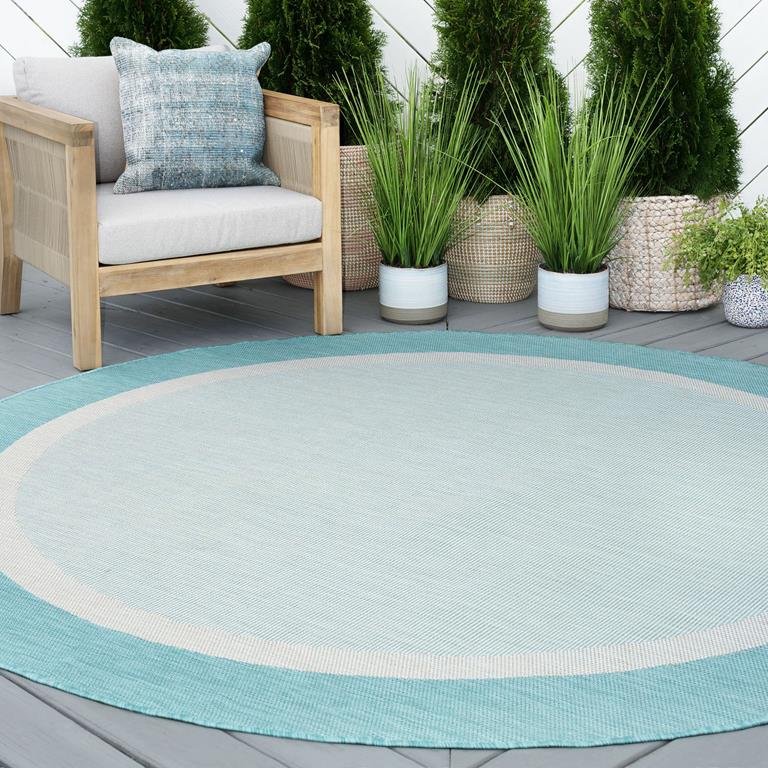 Tayse Eco Dania ECO1206 Aqua Round Area Rug Patio Scene