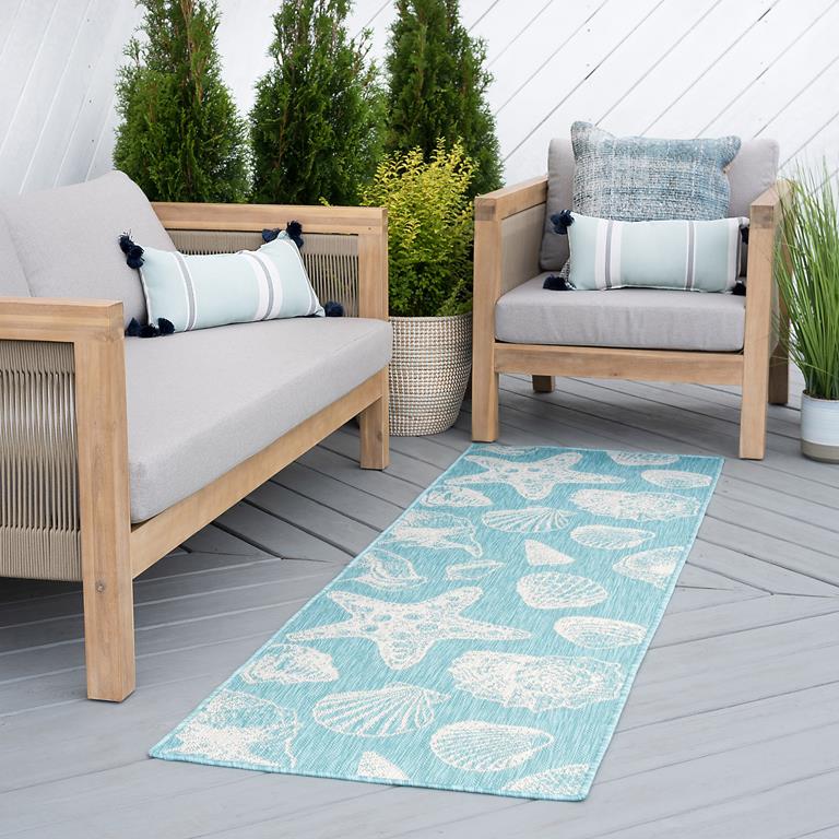 Tayse Eco Sanibel ECO1406 Aqua Runner Area Rug Patio Scene