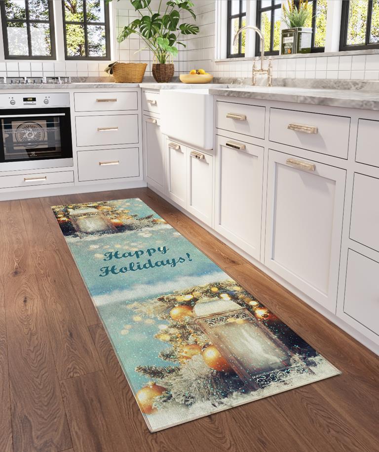 Dalyn Wonderland WN3 Skydust Happy Holidays with Lantern 2x8 Runner Area Rug Room Scene